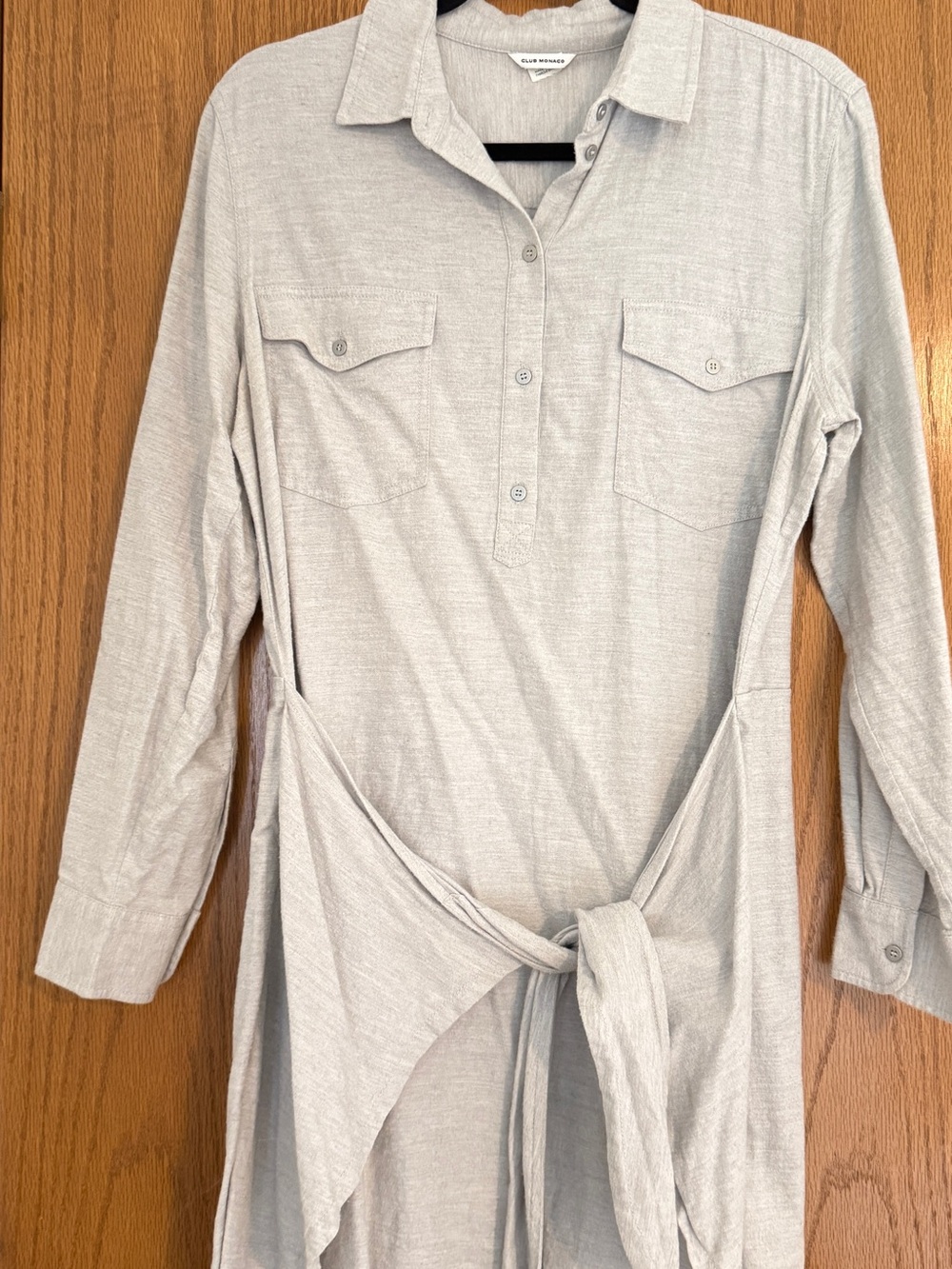 Club Monaco Long Tie-Front Shirt Dress in Light Heather Gray